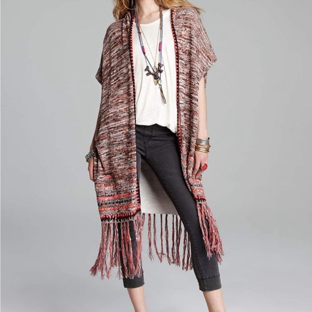 Free People Jungle Heat Hooded Cardigan Women’s M Fringe Knit Long Boho Hippie